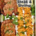 Cilantro Lime Steak and Shrimp on a sheet pan. Text overlay.
