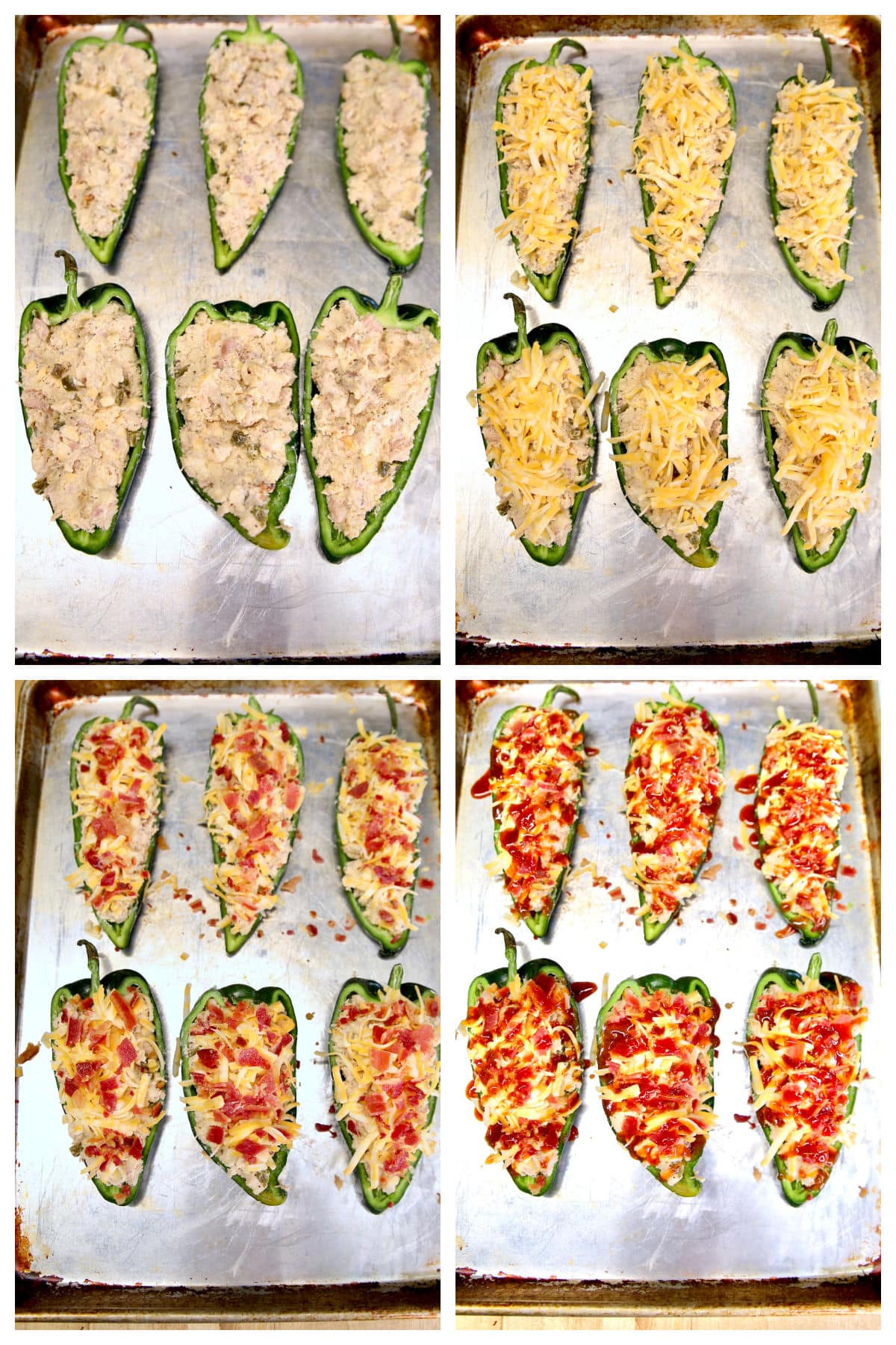 Collage stuffing poblano peppers with chicken and cheese filling.