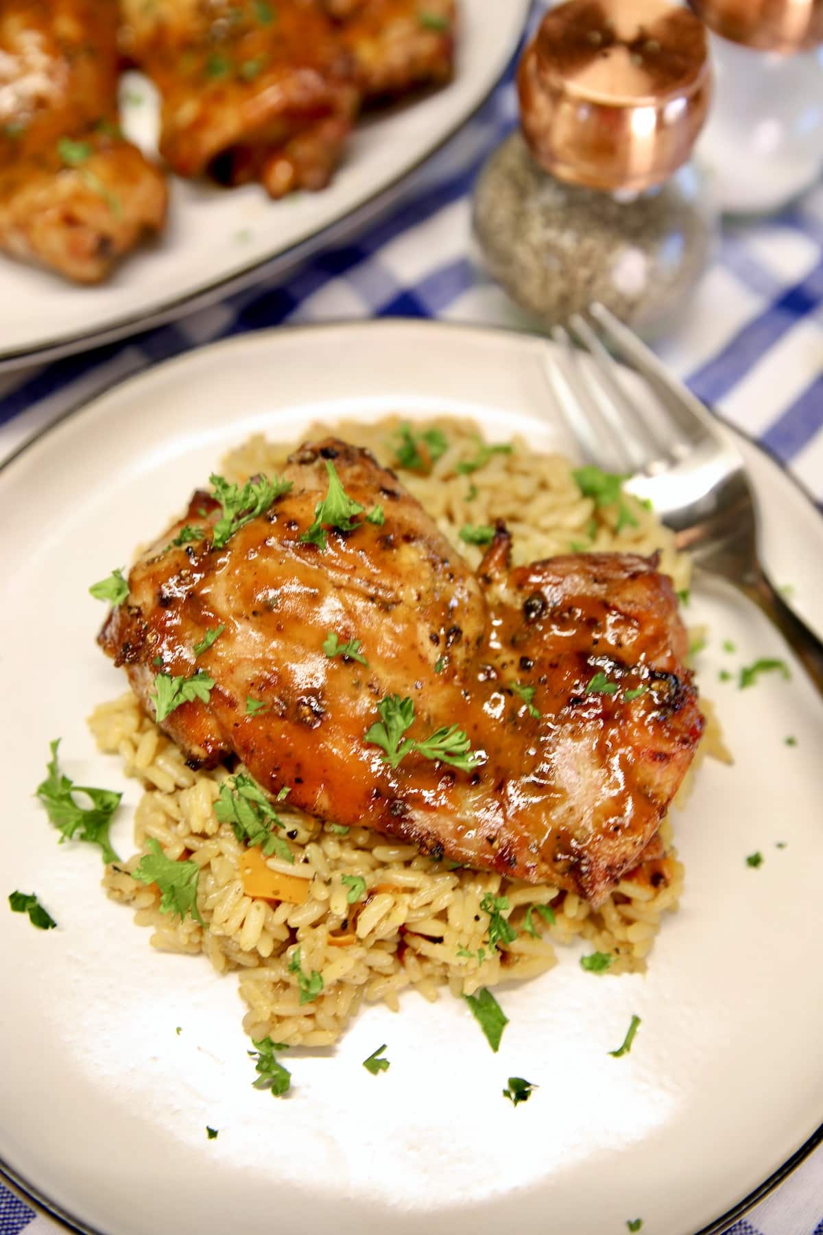 Plate with rice and grilled chicken thigh.
