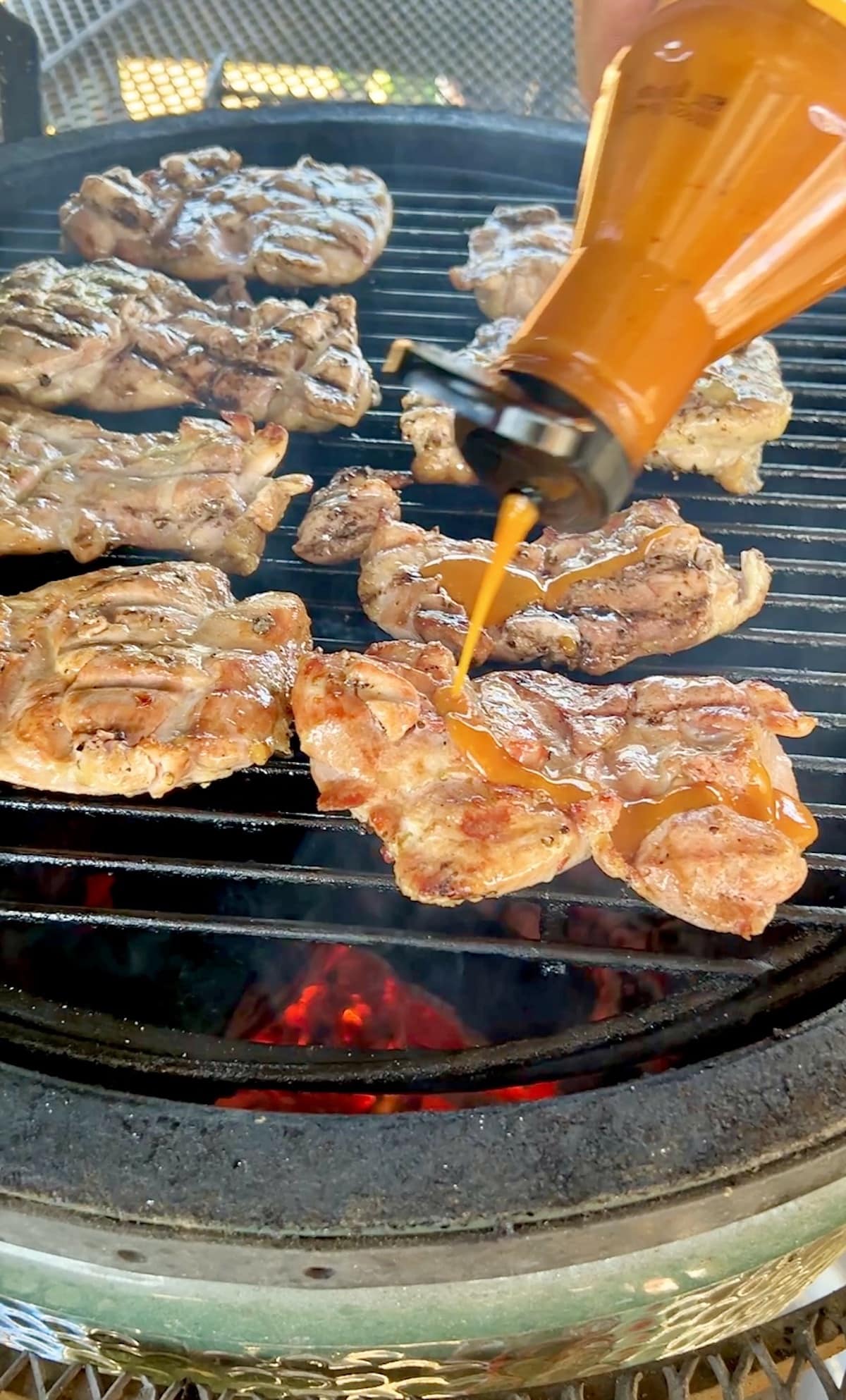 Squirting sweet mustard bbq sauce on chicken on a grill.
