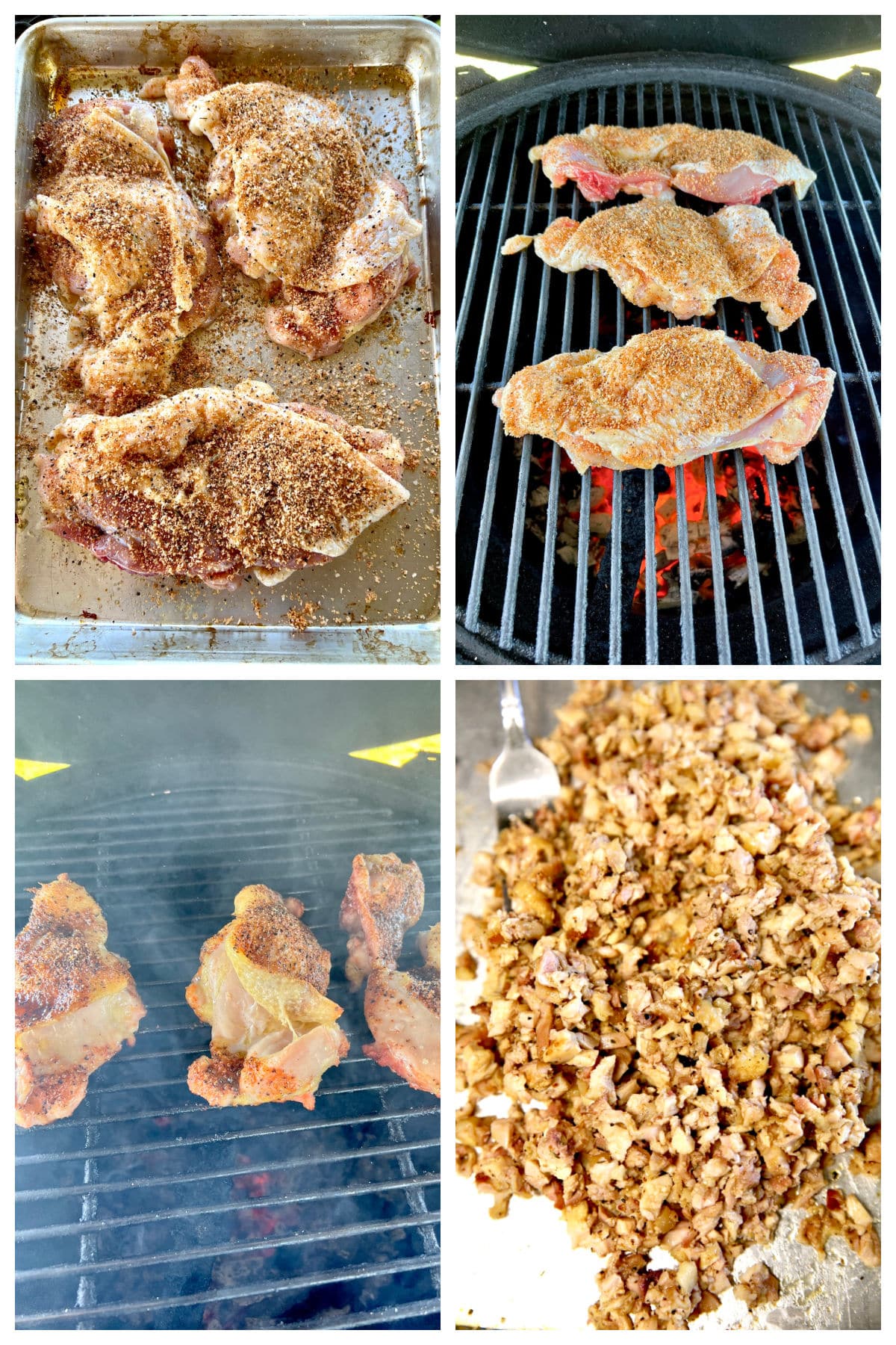 Collage: Grilling chicken thighs for stuffed peppers- seasoning, grilling, chopped.