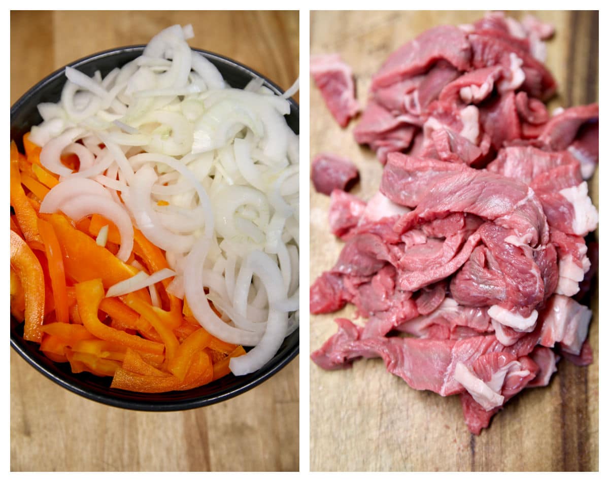 Collage: sliced orange bell peppers and onions in a bowl/ thin sliced steak on cutting board.