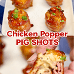Chicken Popper Pig Shots appetizer collage: plated, cut in half.