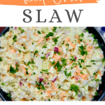 Red Onion Slaw in a bowl - text overlay.