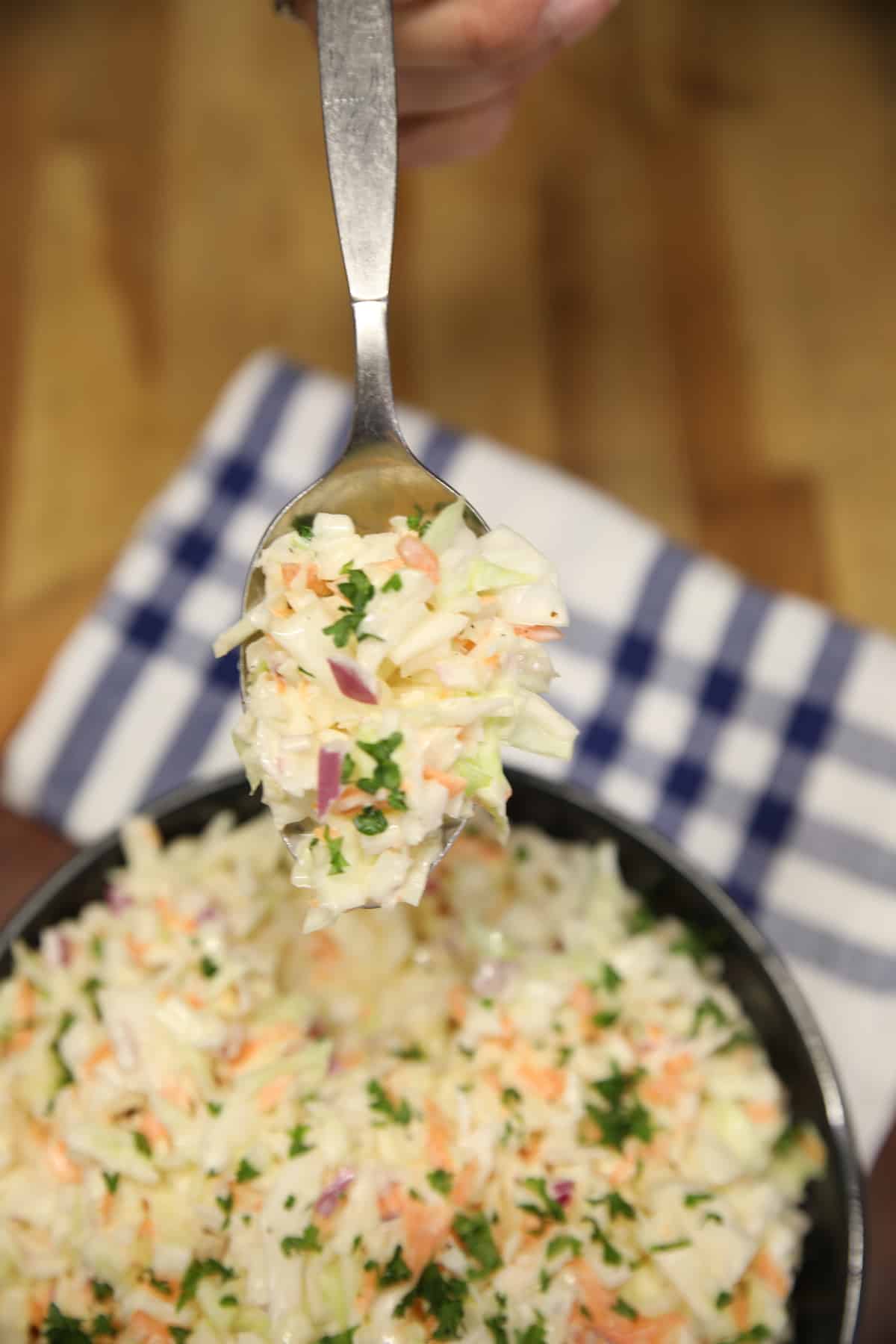 Spoonful of red onion slaw.
