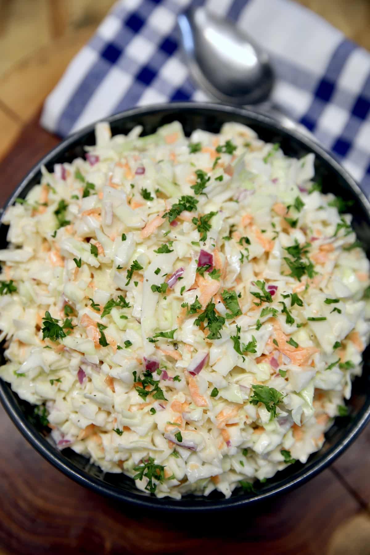 Bowl of coleslaw with red onion on a blue and white towel.