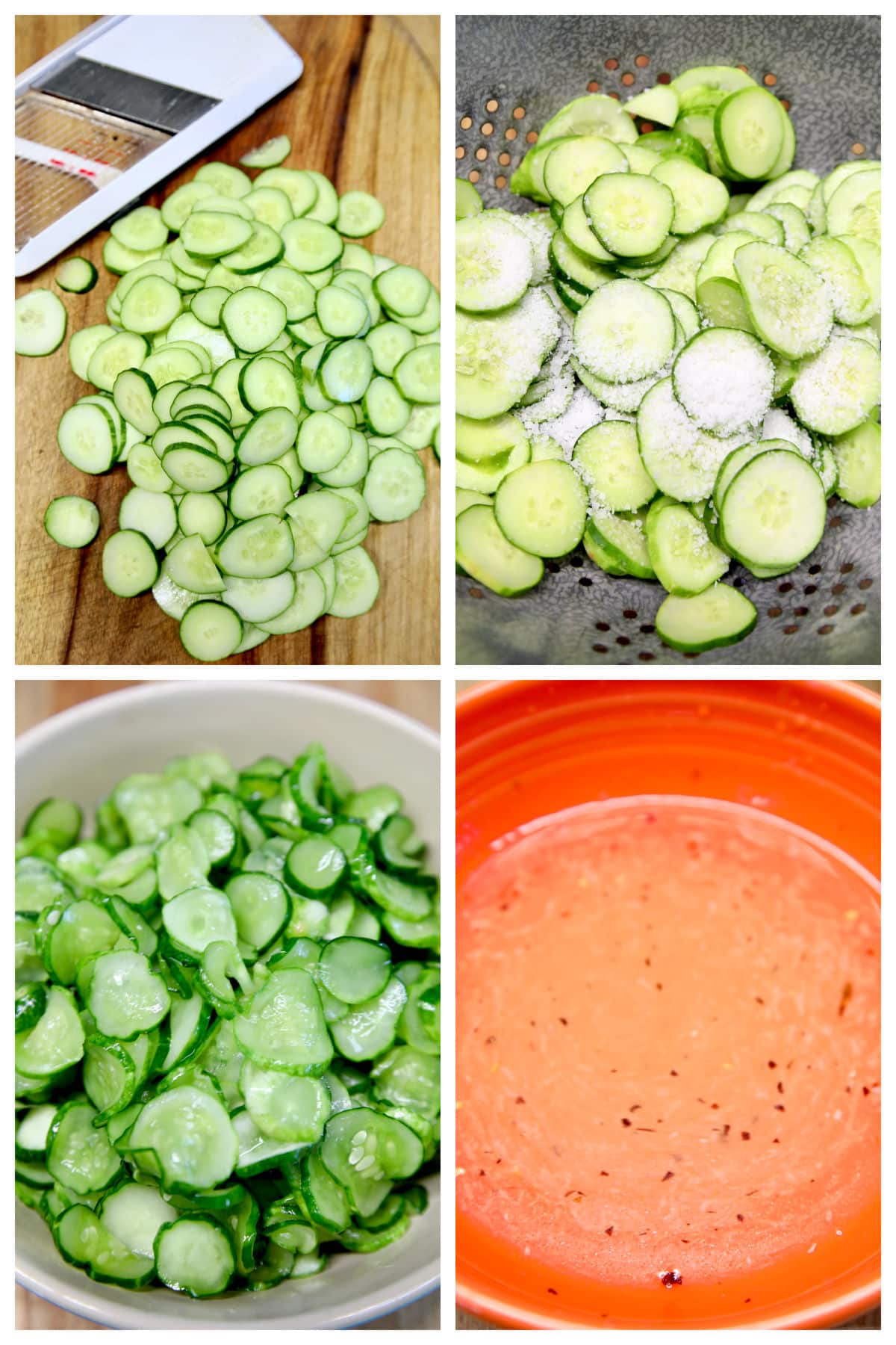 Cucumber collage, slicing, salting and Asian dressing. `