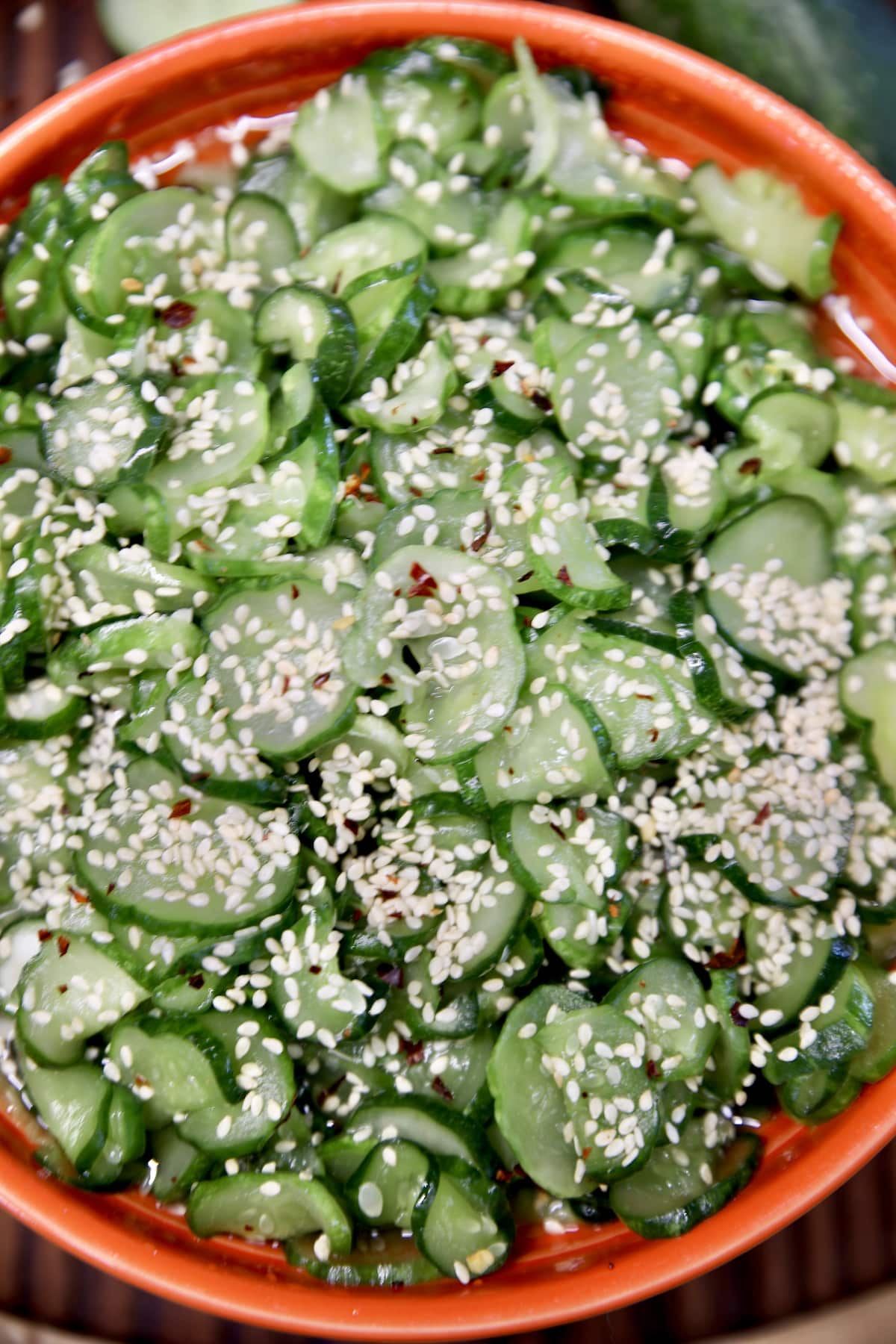 Cucumber salad with sesame seeds.