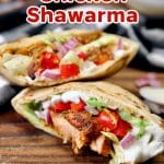 Grilled chicken shawarma recipe with pita bread. Text overlay.