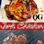 Collage of jerk chicken on a platter/ grill, text overlay.