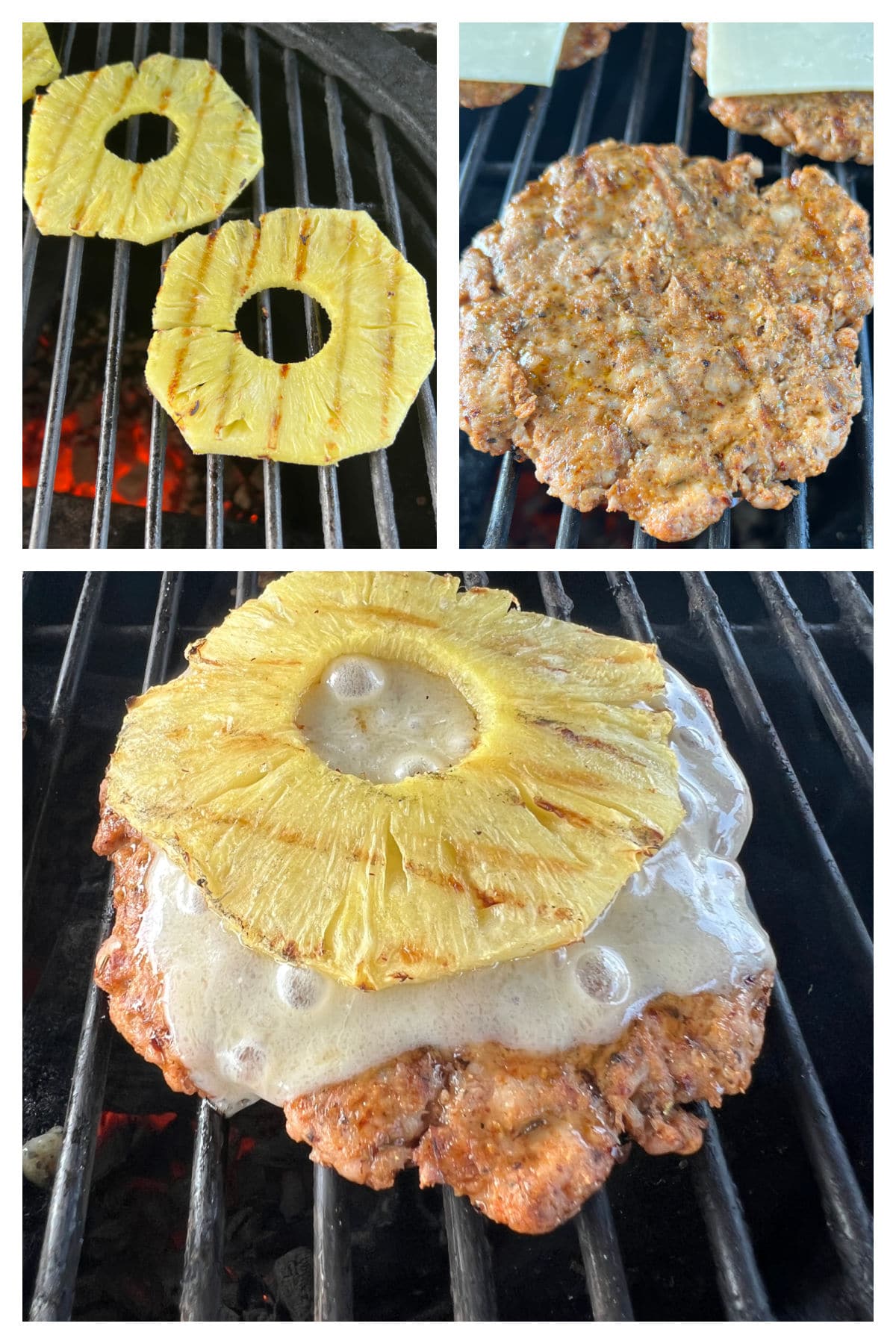 Collage: grilling pineapple rings, pork burgers, with cheese & pineapple.