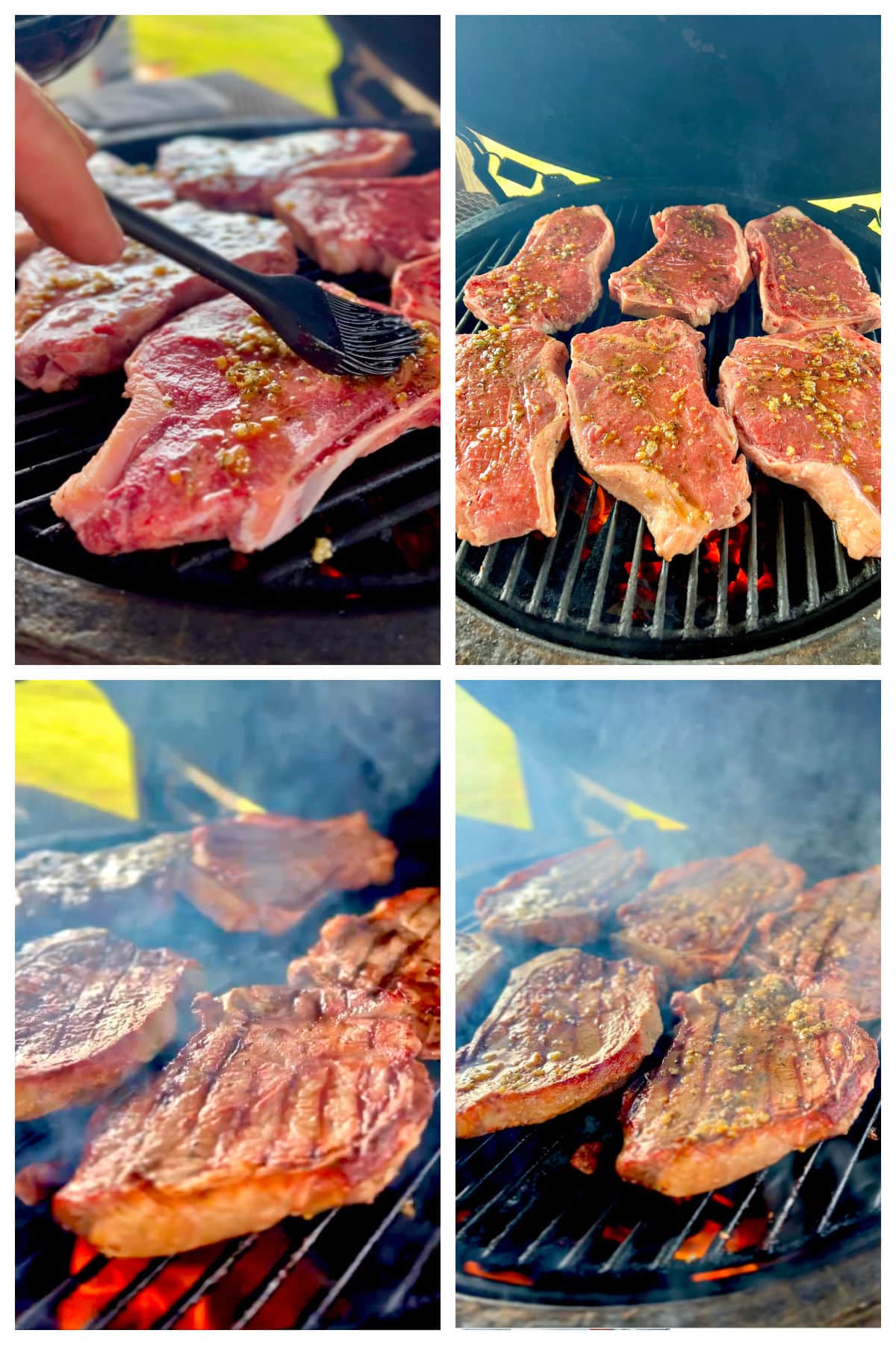 Collage grilling steaks with garlic butter.