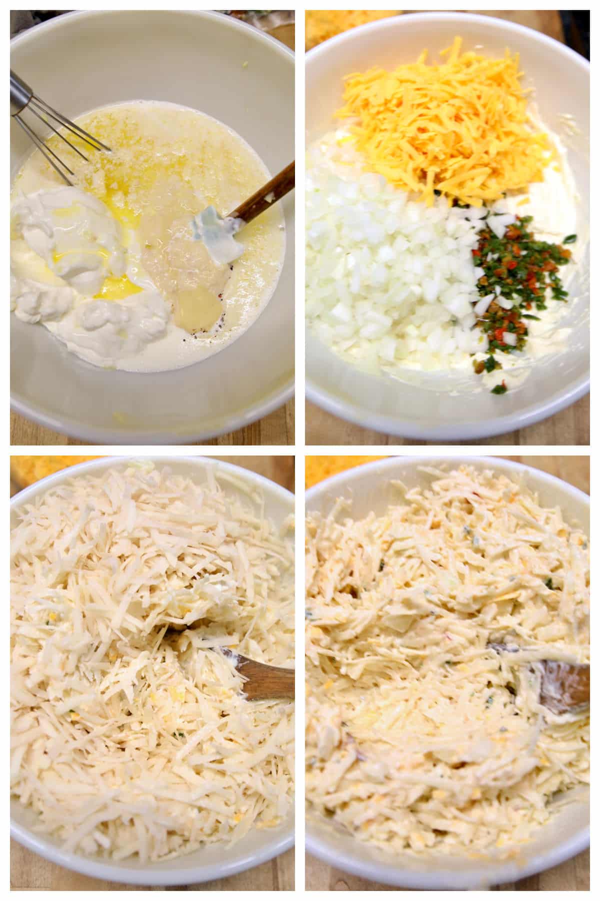 Making hashbrown casserole with cheesy sauce - collage.