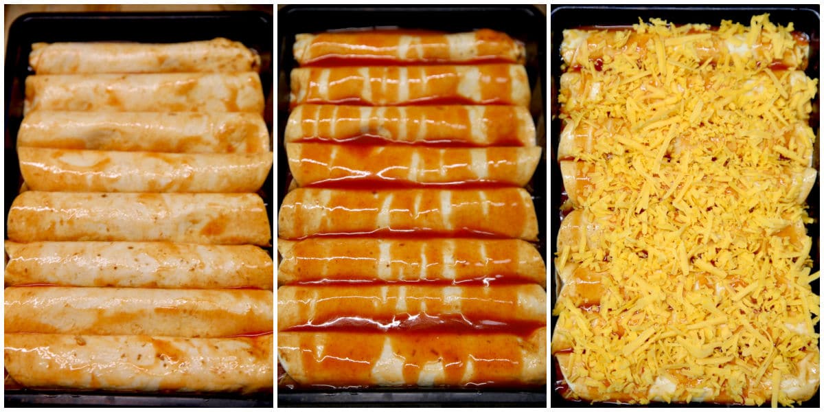 Collage enchiladas in a pan, with sauce, topped with cheese.