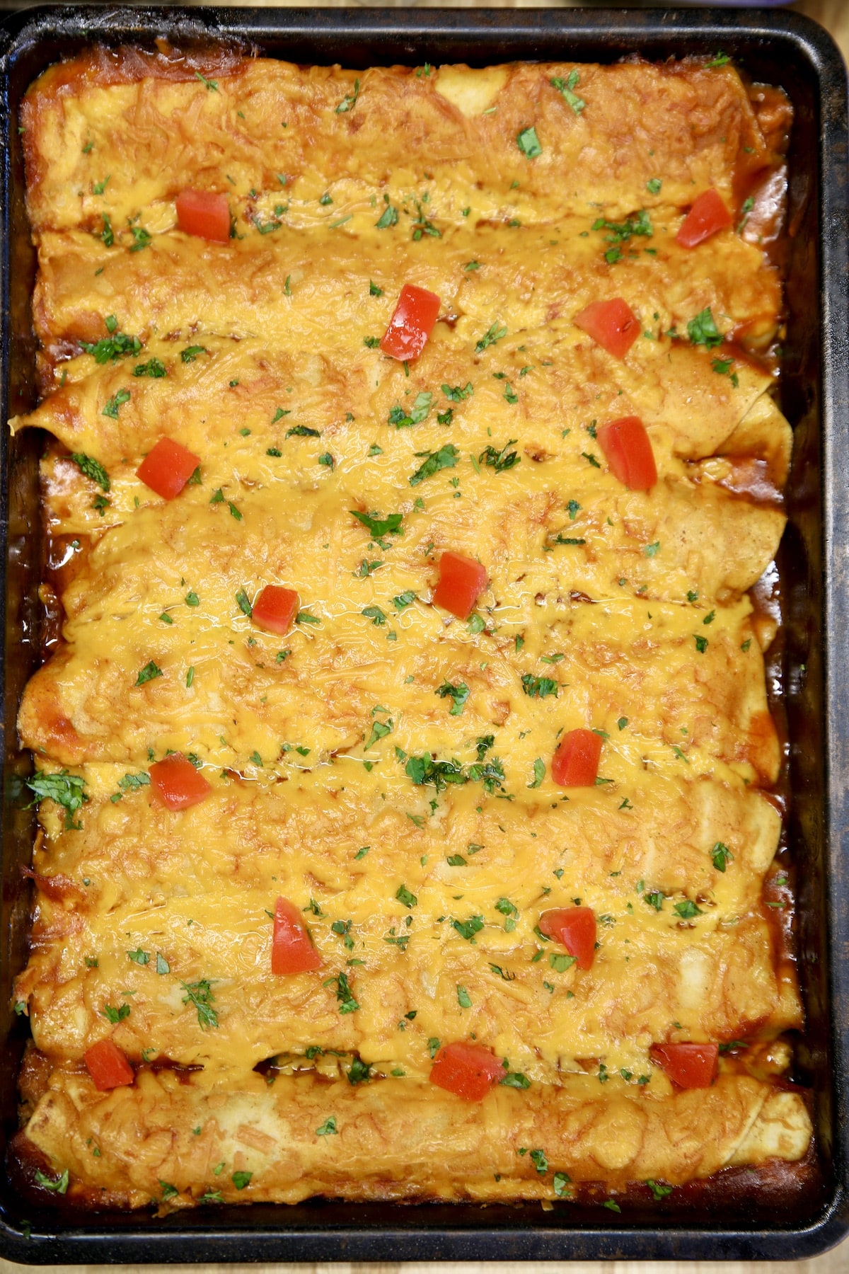 Pan of pork enchiladas topped with cheese and jalapenos.