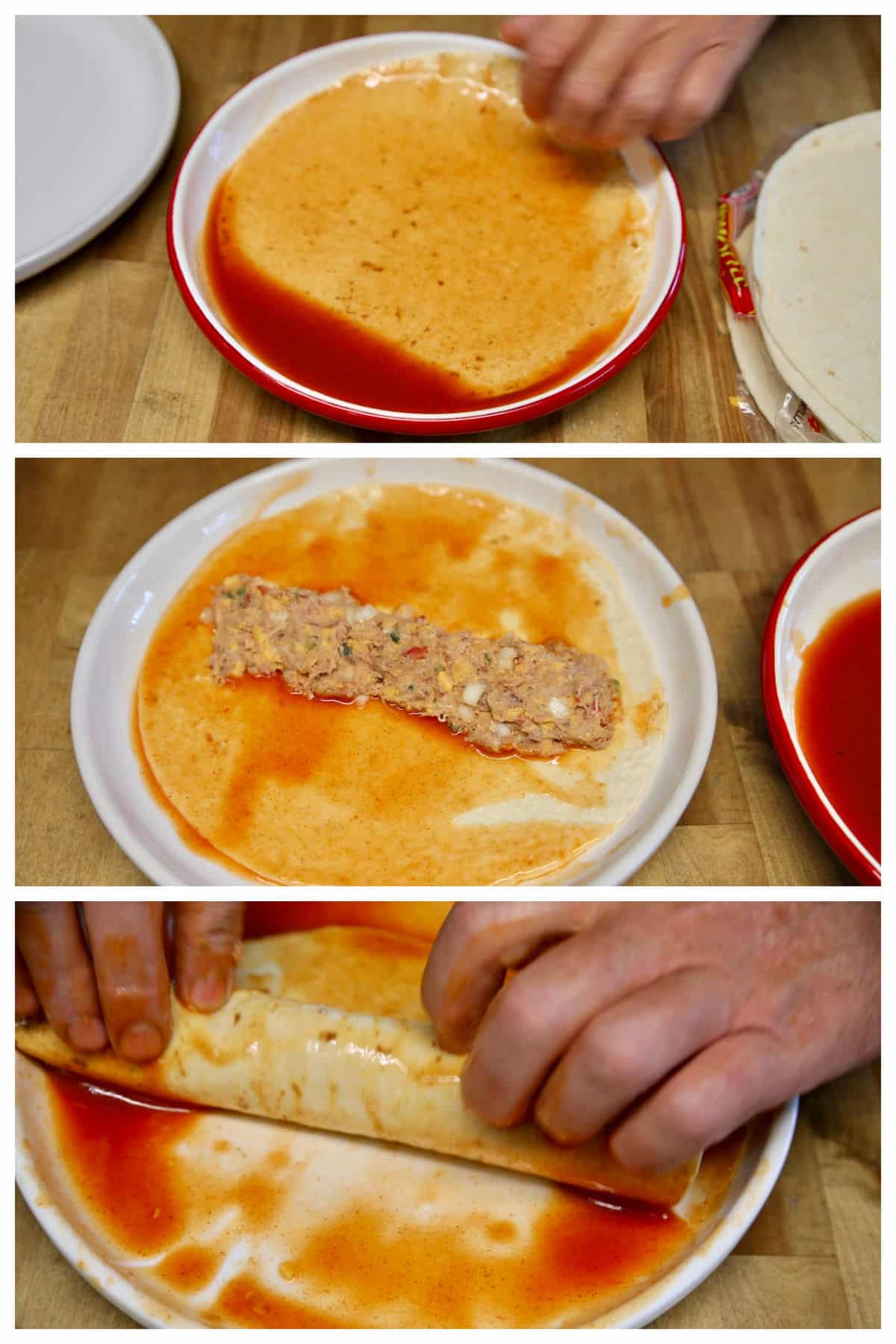 Collage filling tortillas with pork, rolling into enchiladas with sauce.