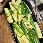 Ranch zucchini spears on a platter. Text overlay.