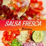 Collage: chip with salsa/ ingredients for fresh salsa in a bowl. Text overlay.