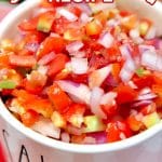 Closeup of bowl of fresh salsa - text overlay.