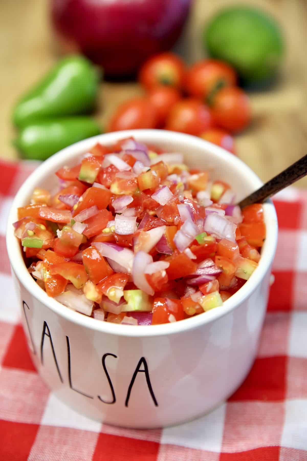 Bowl of salsa with a spoon.