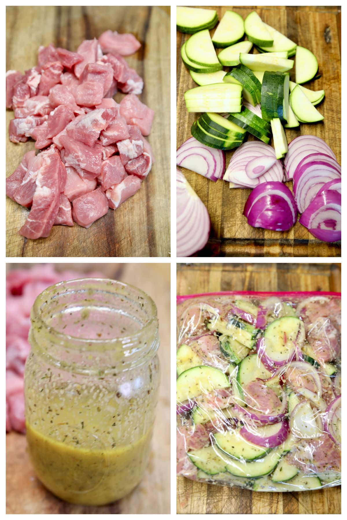 Collage of pork chunks, sliced zucchini and red onion, Italian Dressing. Mixed.