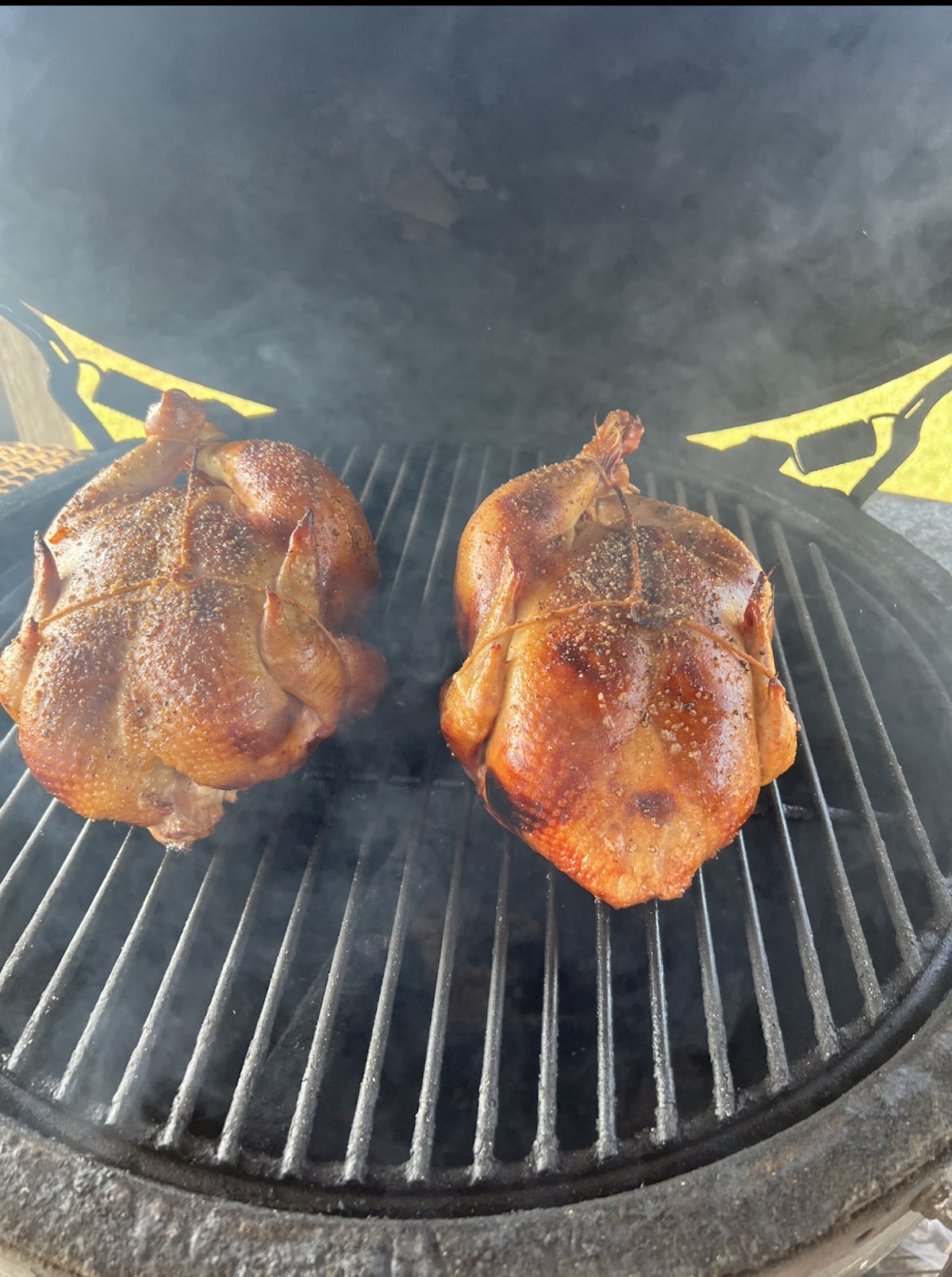 2 smoky chickens on a grill.