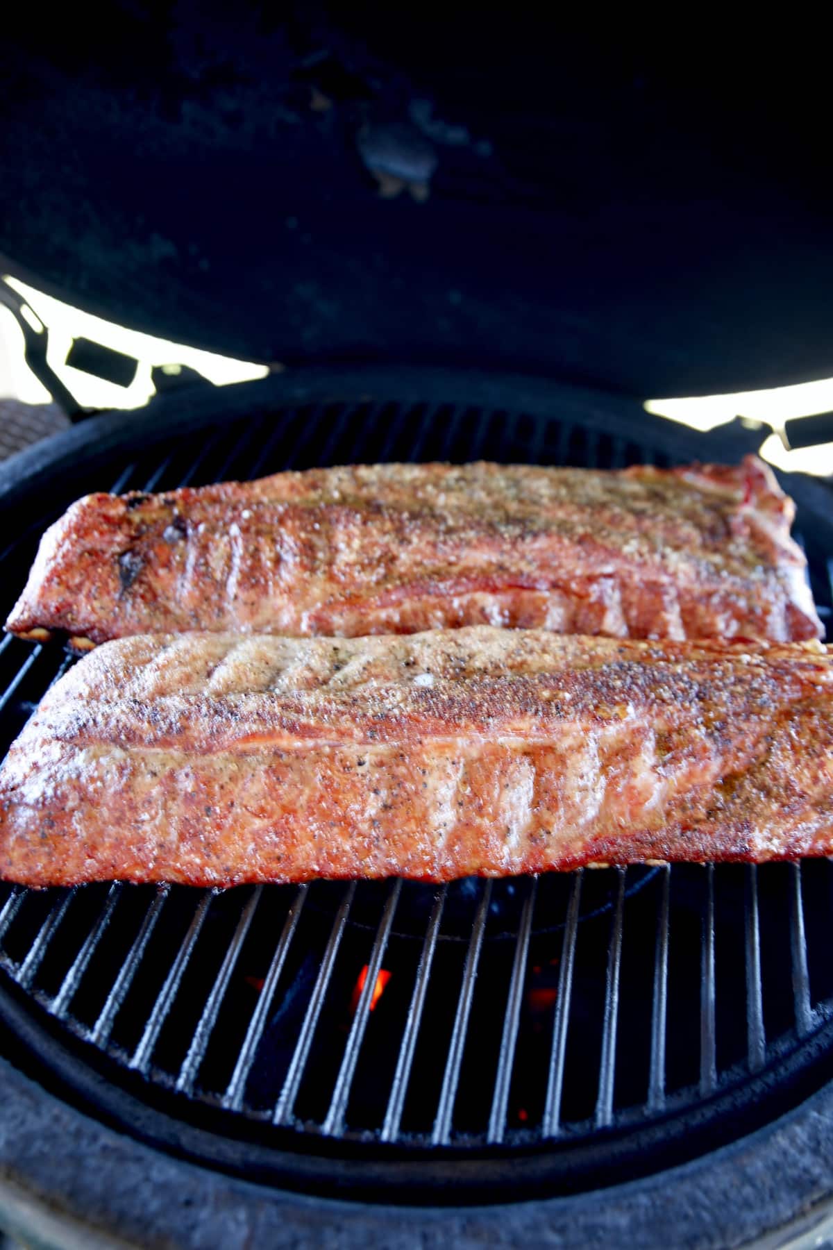 Smoked ribs on a Big Green Egg Grill.
