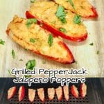 Collage of pepper jack jalapeno poppers: plated/on the grill.