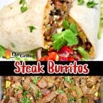 Grilled Steak burritos collage: Cut in half/ pan of steak.