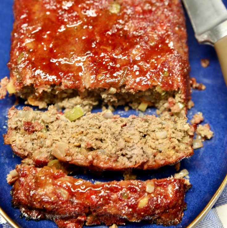 BBQ meatloaf, partially sliced.