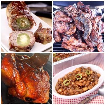 Collage of armadillo eggs, ribs, chicken and beans.