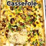 Brisket hashbrown casserole in a pan with spatula. Text overlay.