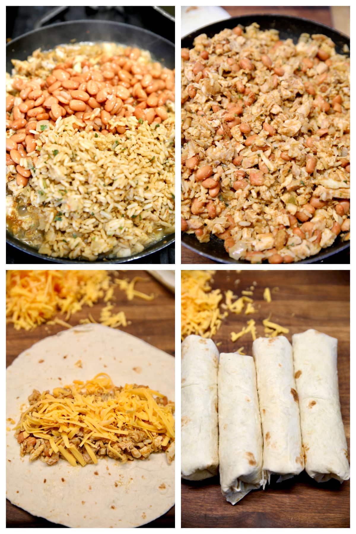 Making chicken burritos with rice, beans and cheese.