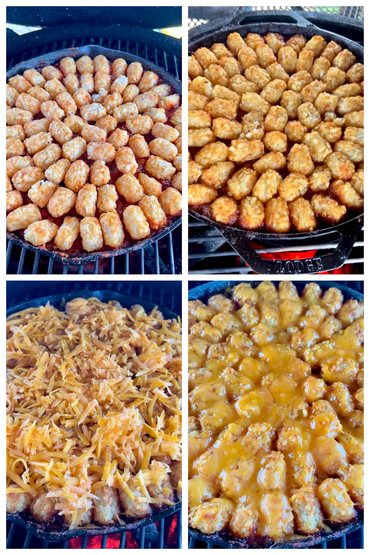 Collage making chili tater tot casserole on a grill.