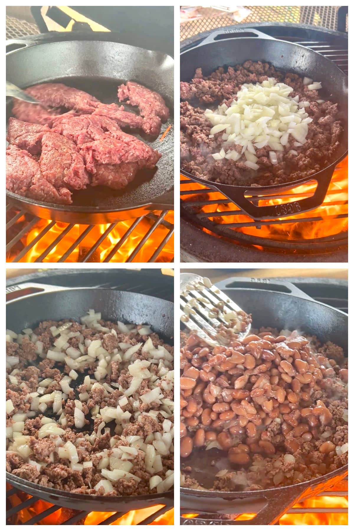Collage browning ground beef, onions, adding beans in a skillet on grill.