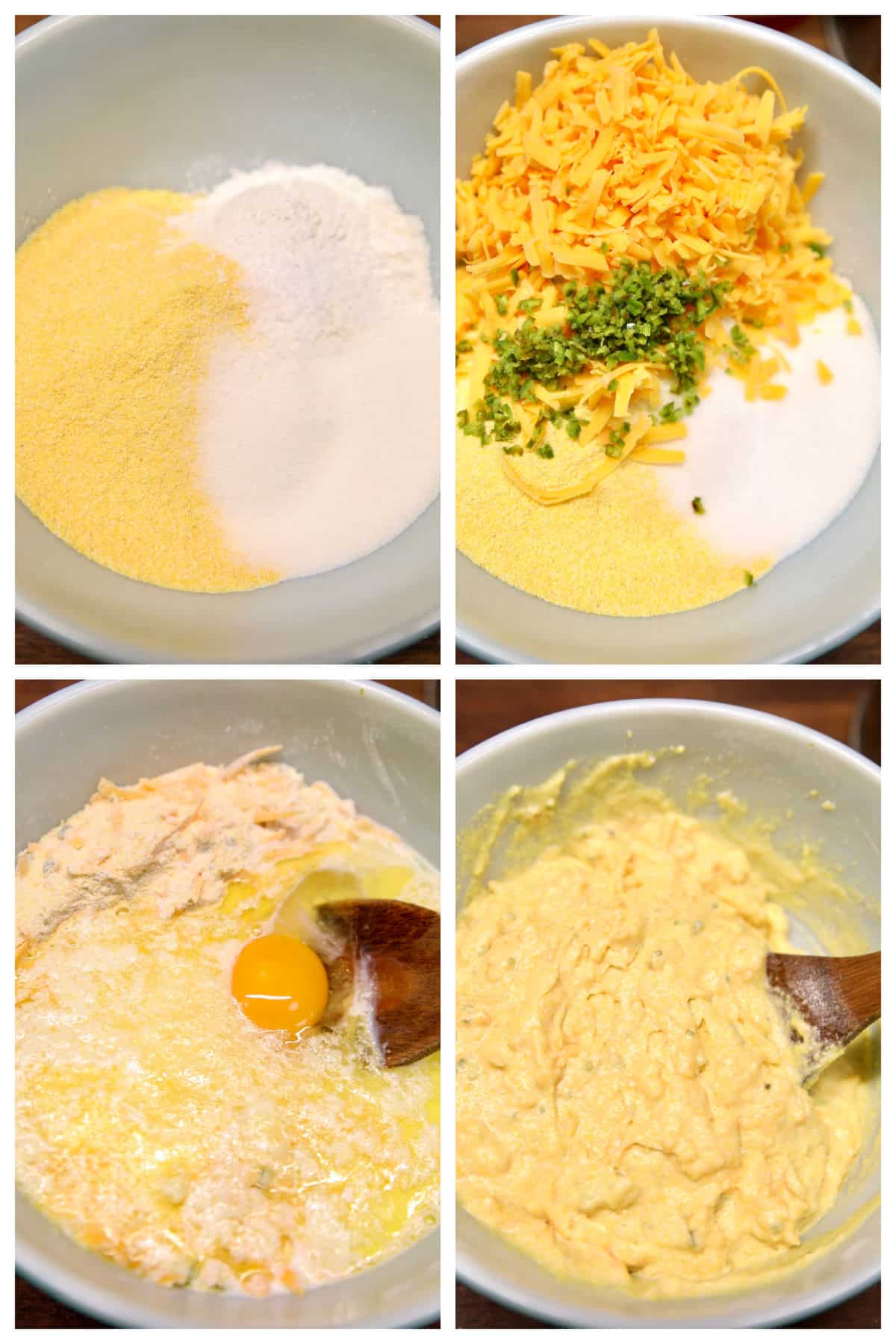 Collage making cornbread batter with jalapeno and cheddar.