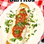 Fried Chicken Burrito on a platter with text overlay.