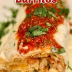 Fried Chicken Burritos with sour cream sauce. Text overlay.