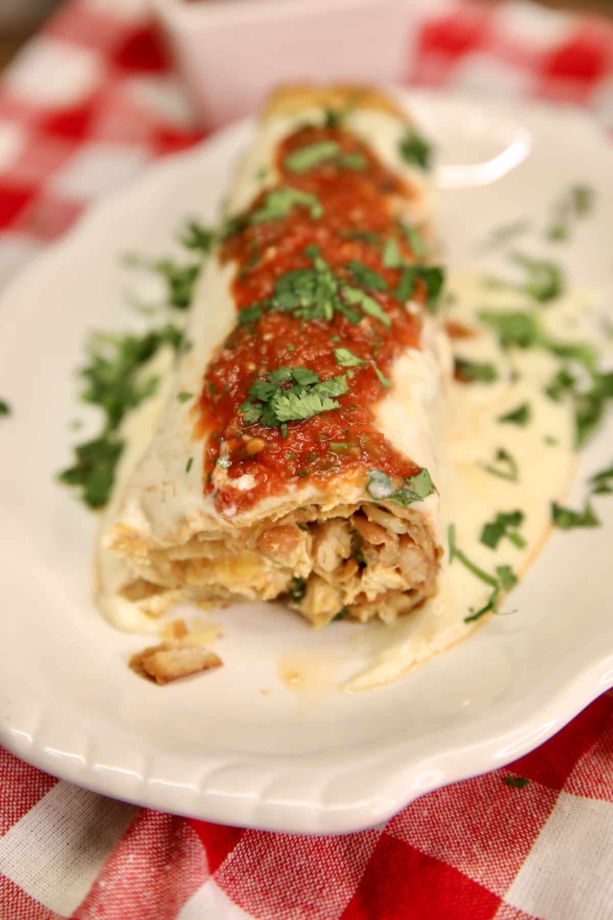 Burrito with chicken rice and beans. Topped with sour cream and salsa.