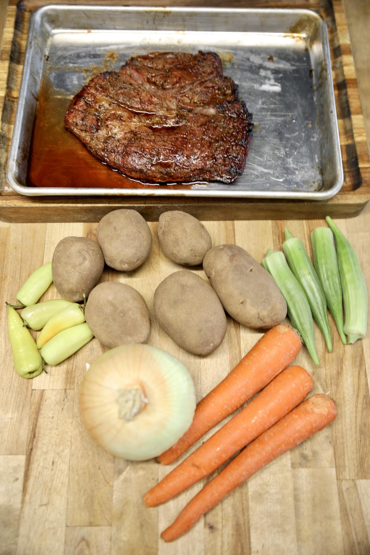 Ingredients for beef stew with vegetables.