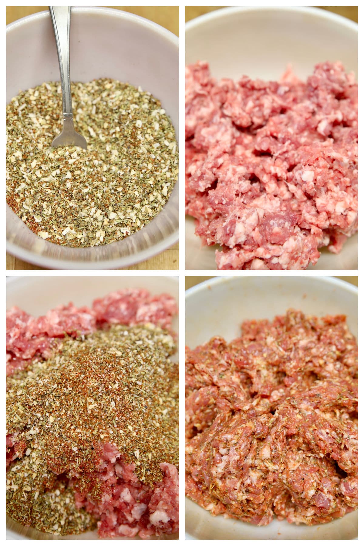 Collage: spices, ground pork, mixing together for sausage.