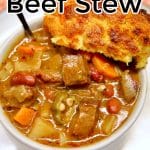 Smoked Beef Stew in a bowl with cornbread, text overlay.