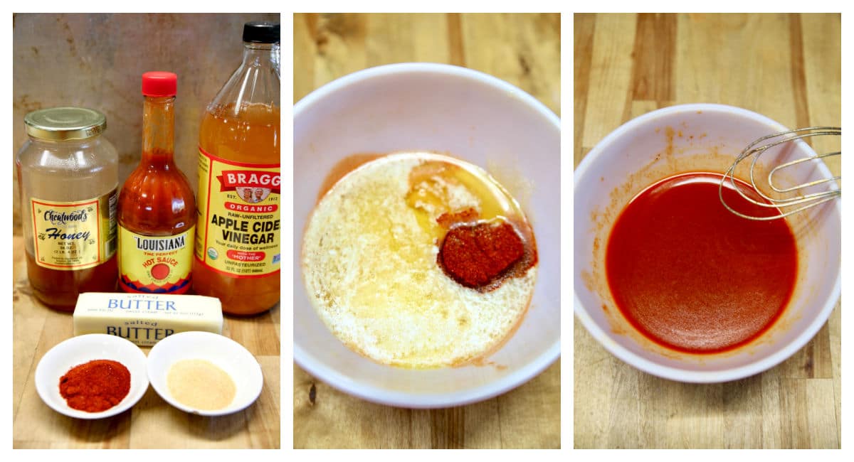 Collage: Ingredients, bowl of buffalo sauce.