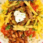 Burrito bowl with steak, beans and rice. Text overlay.