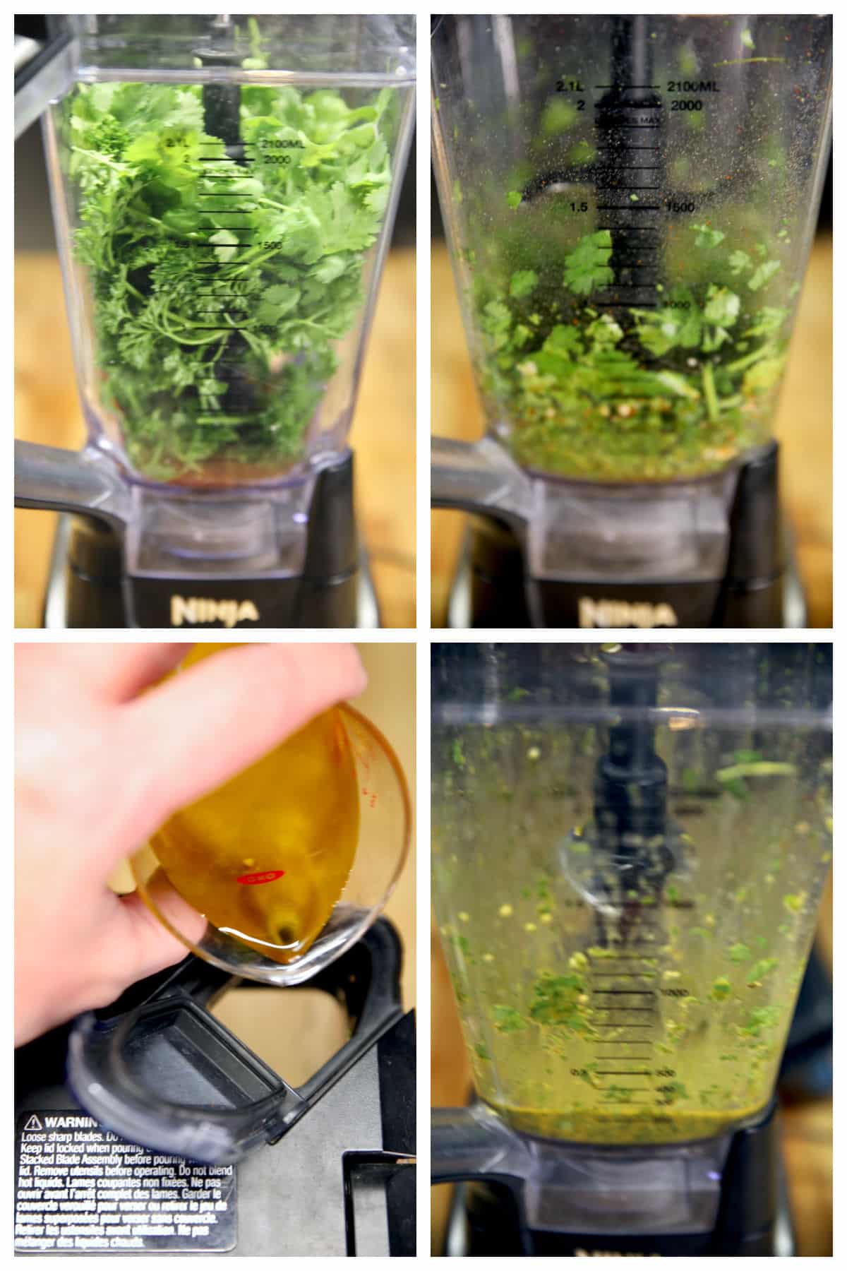 Collage of making chimichurri sauce in a blender.