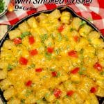 Skillet of tater tot casserole - text overlay.