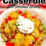 Tater tot casserole in a bowl - text overlay.