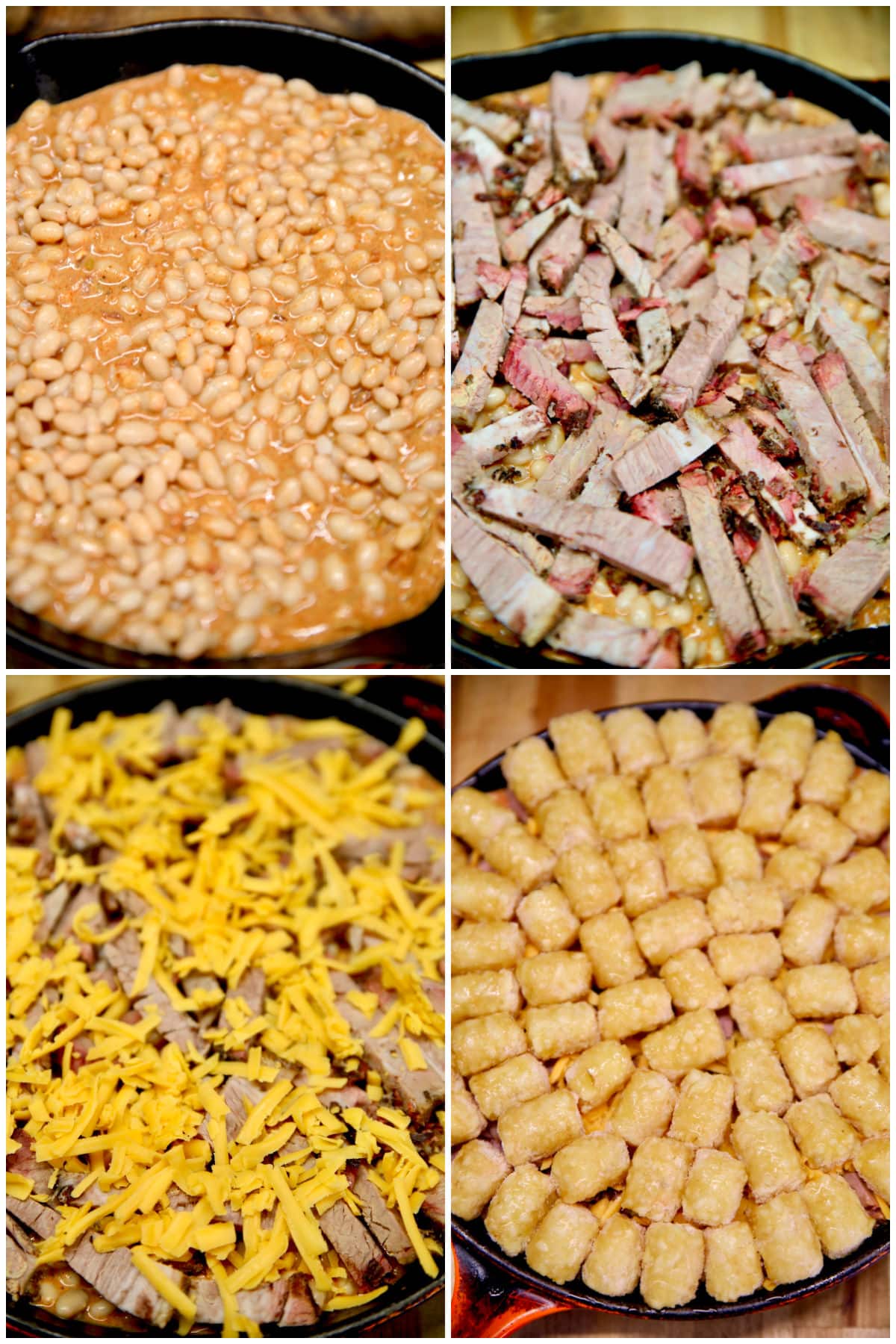 Collage making cowboy casserole with beans, brisket, cheese and tater tots.