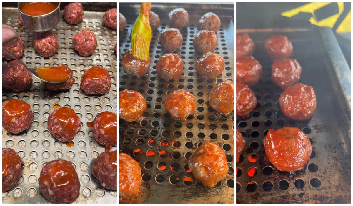 Making ground beef meatballs on a grill with Buffalo sauce.