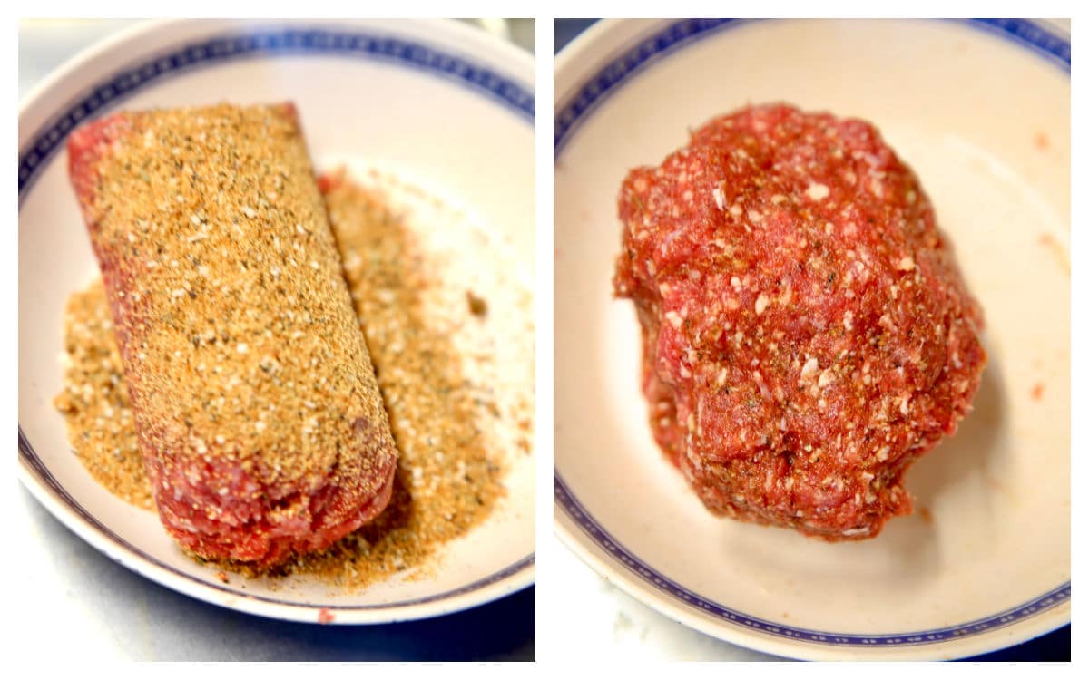 Collage mixing ground beef with steak rub for meatballs.